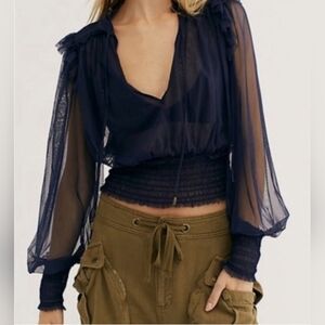 FREE PEOPLE "Twyla" Ruched sheer Mesh Balloon Sleeve Smocked Top Dark Indigo M